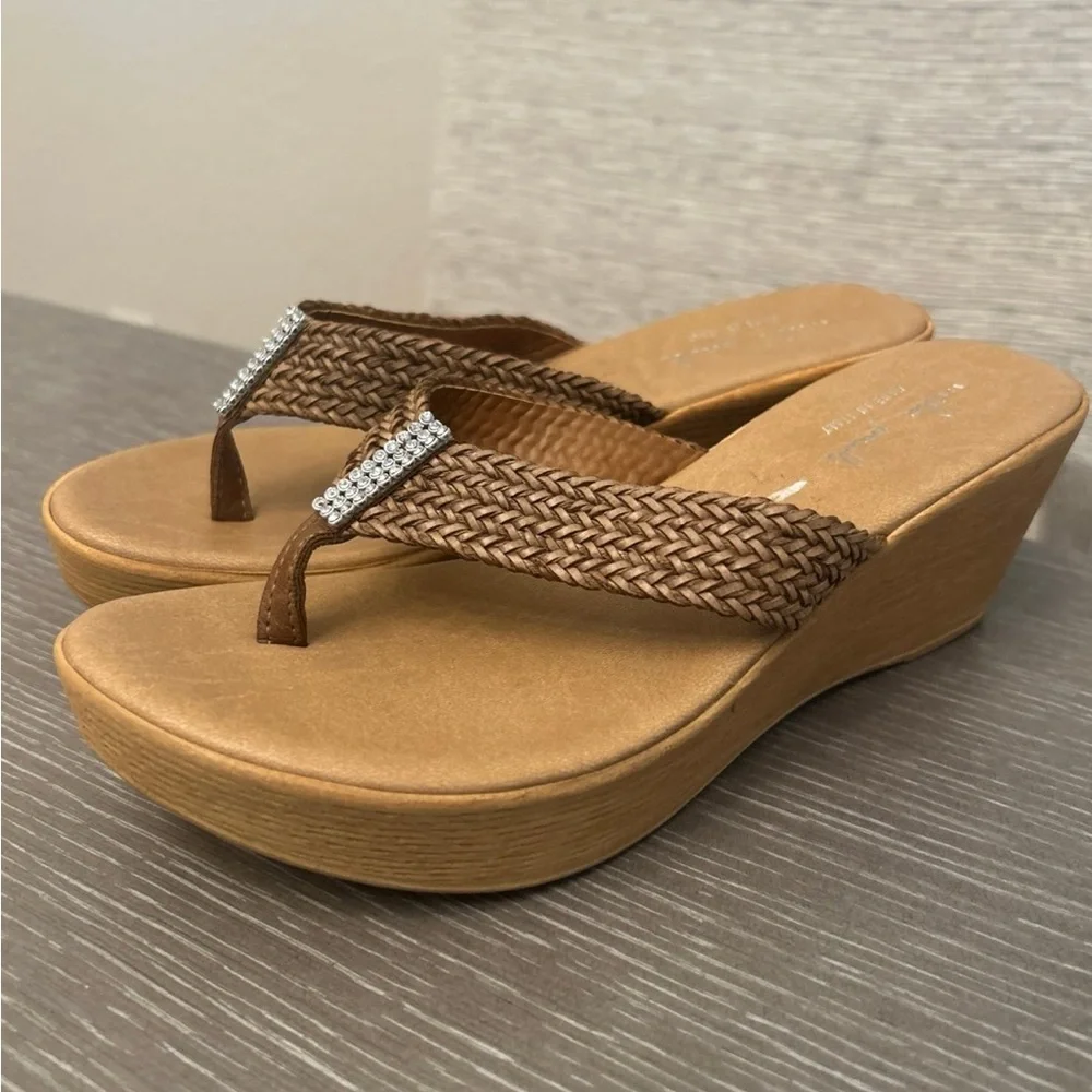 Brown Woven‎ Wedge Sandals with Rhinestone Accent size 9
